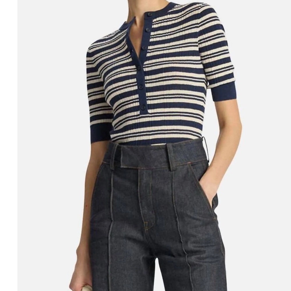 A.L.C. Navy and White fine ribbed stretch knit Striped Button Top